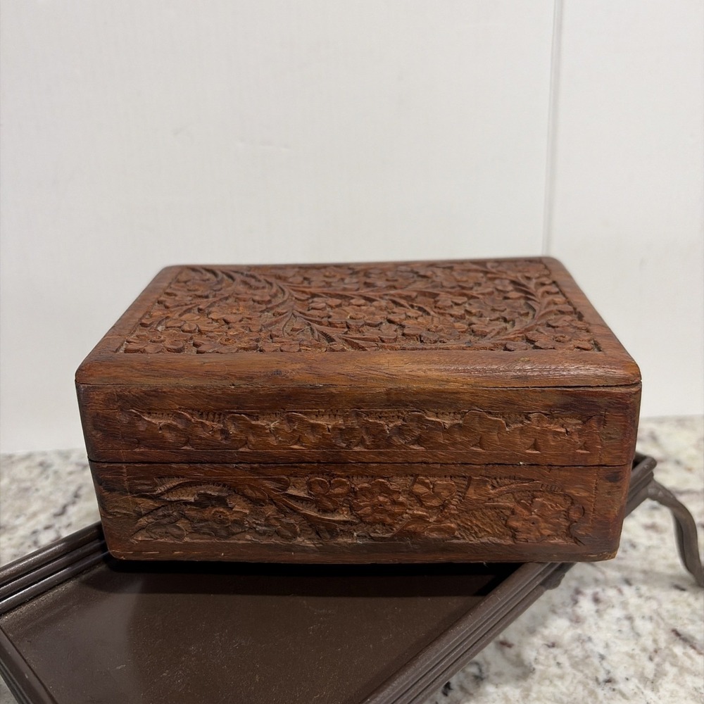 Vintage Carved Wood Jewelry Trinket Box Purple Velvet Lining Handcrafted